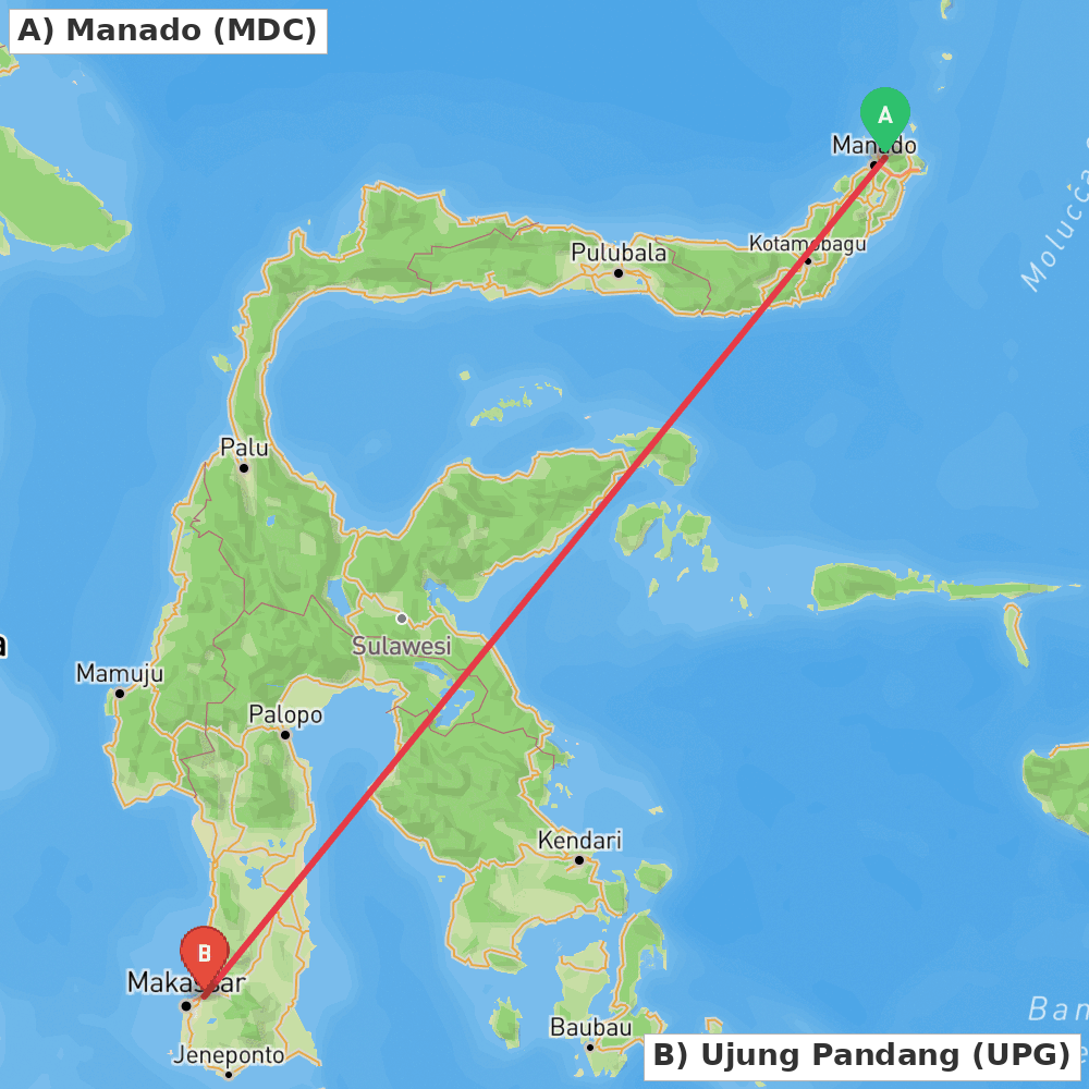 Flight route map from Manado to Ujung Pandang