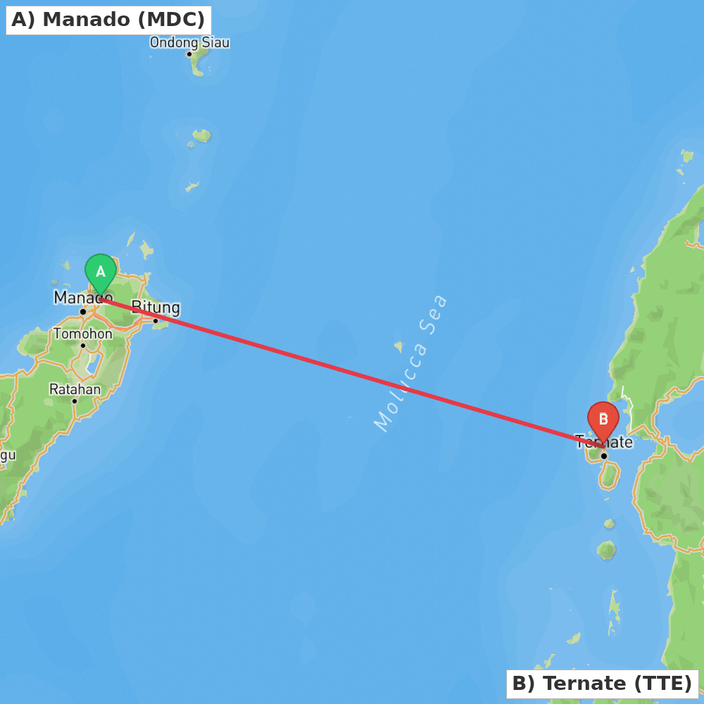 Flight route map from Manado to Ternate