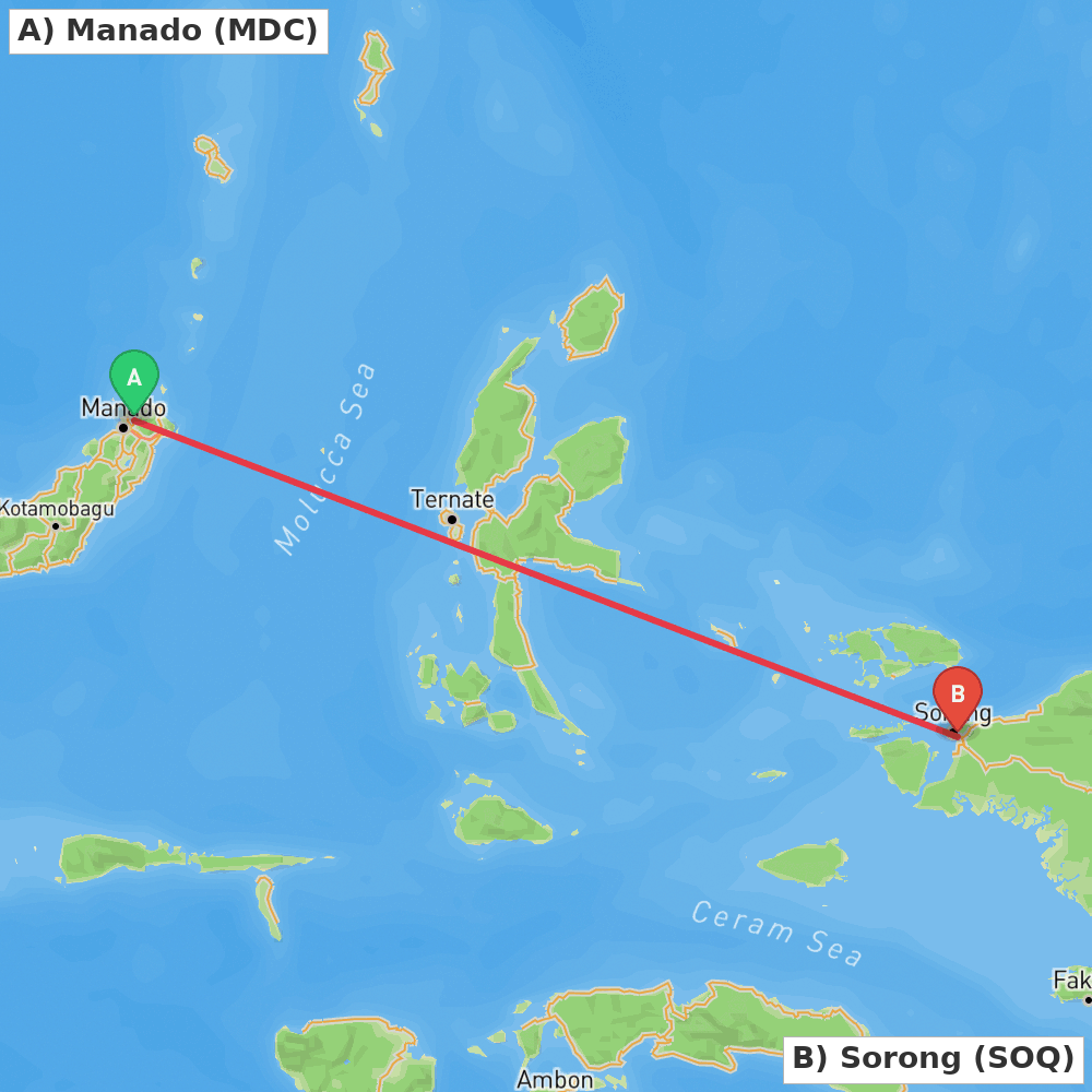 Flight route map from Manado to Sorong