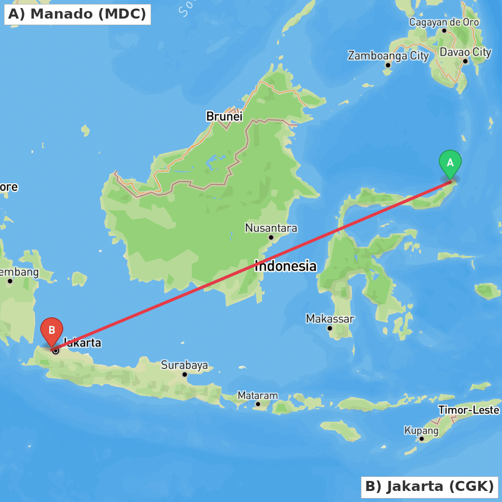 Flight route map from Manado to Jakarta
