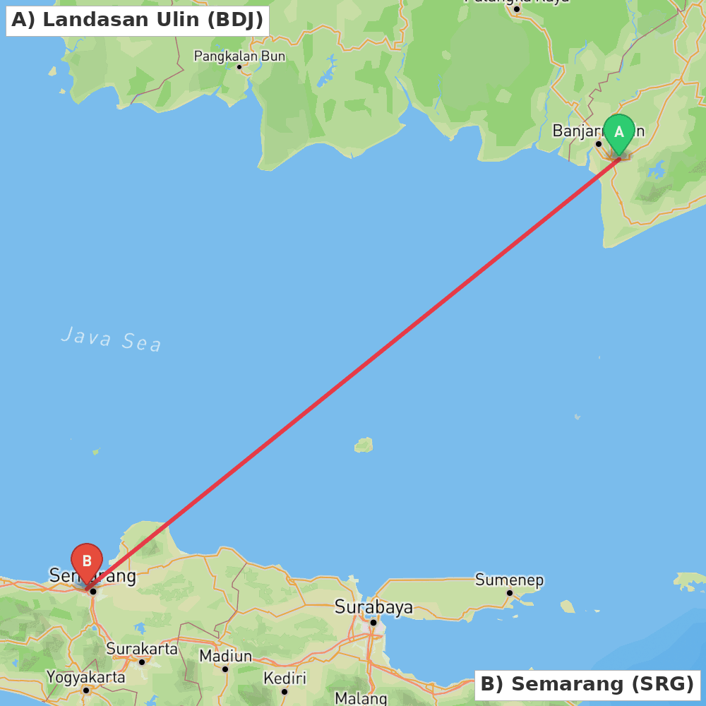 Flight route map from Landasan Ulin to Semarang