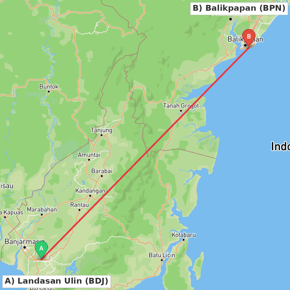 Flight route map from Landasan Ulin to Balikpapan
