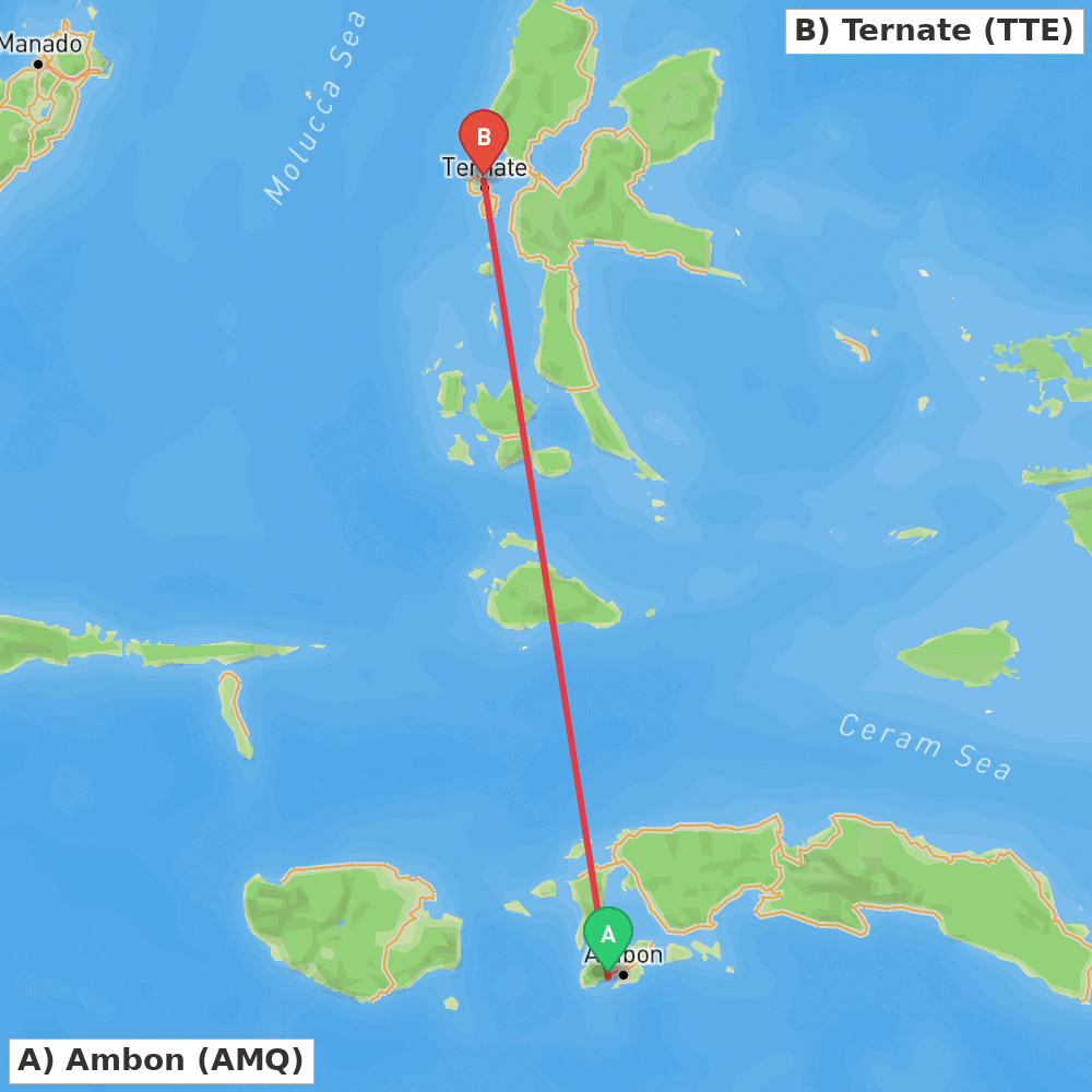 Flight route map from Ambon to Ternate
