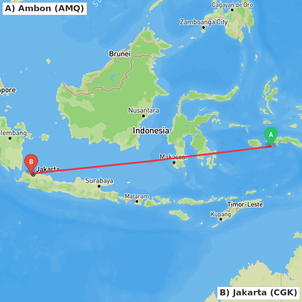 Flight route map from Ambon to Jakarta