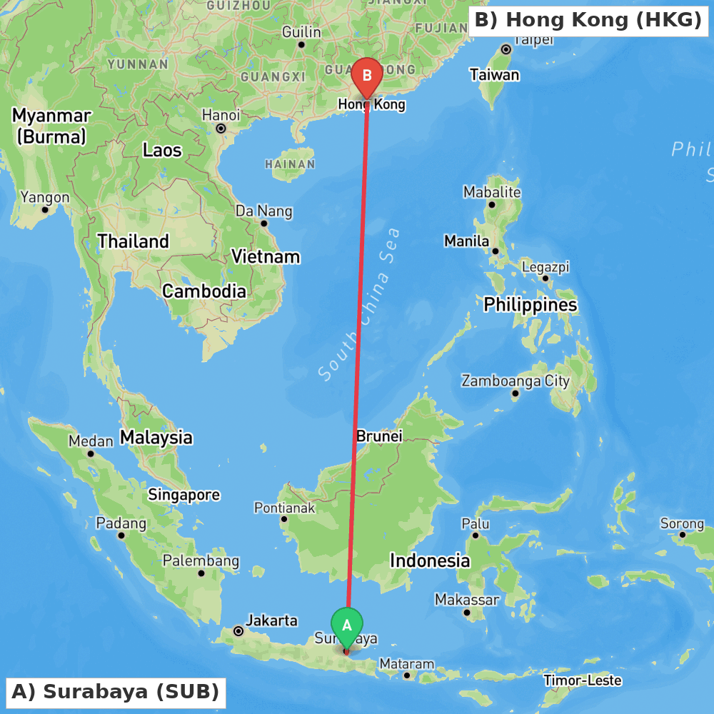 Flight route map from Surabaya to Hong Kong