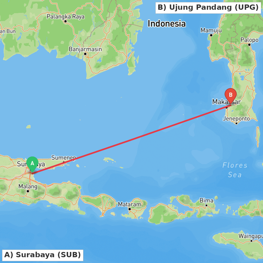 Flight route map from Surabaya to Ujung Pandang