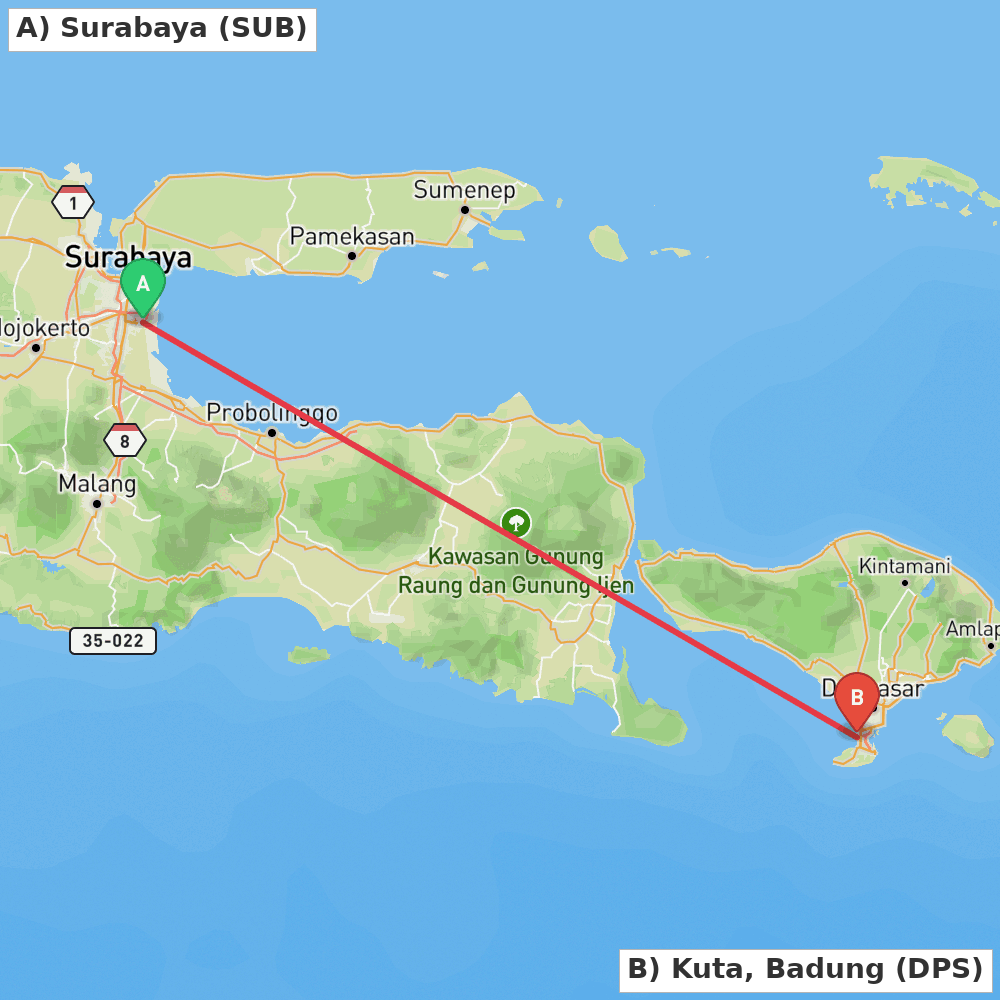 Flight route map from Surabaya to Kuta, Badung