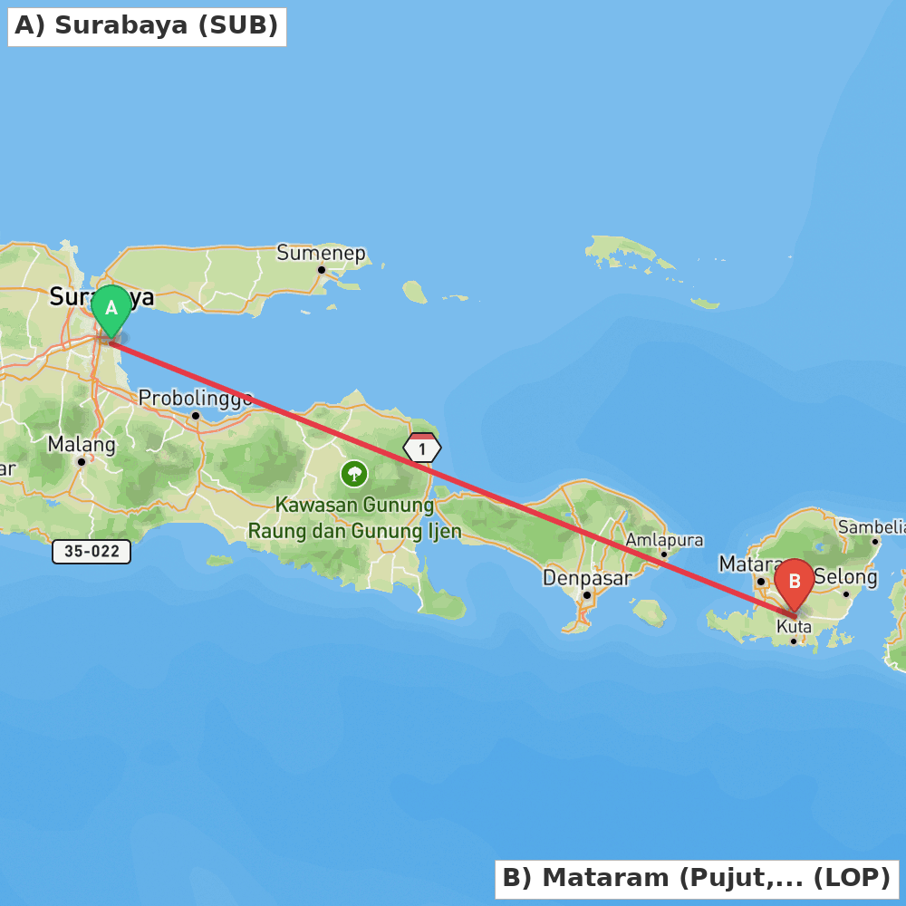 Flight route map from Surabaya to Mataram (Pujut, Lombok Tengah)