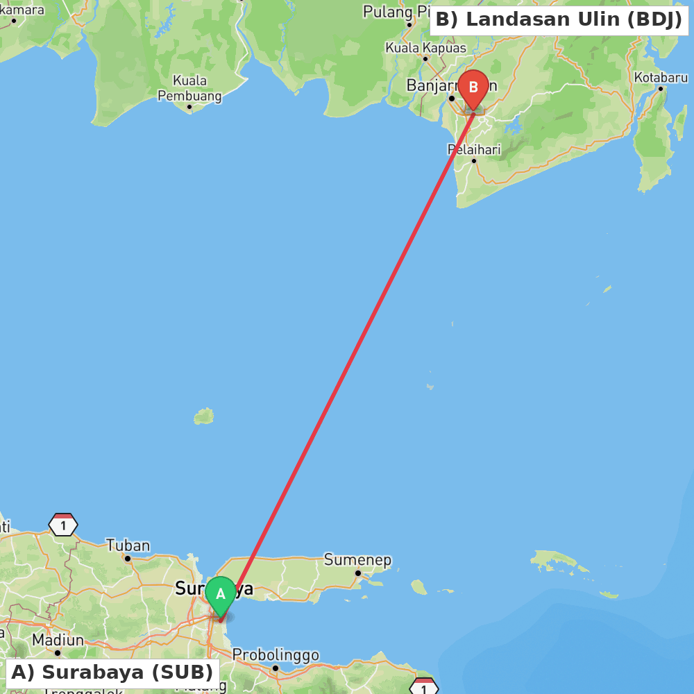 Flight route map from Surabaya to Landasan Ulin