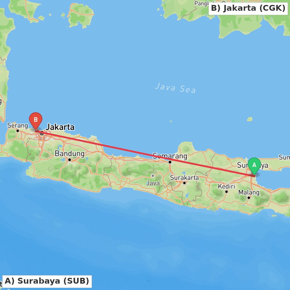Flight route map from Surabaya to Jakarta