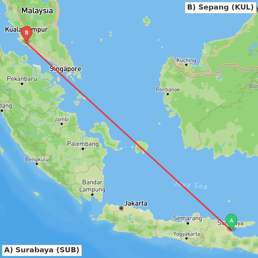 Flight route map from Surabaya to Sepang