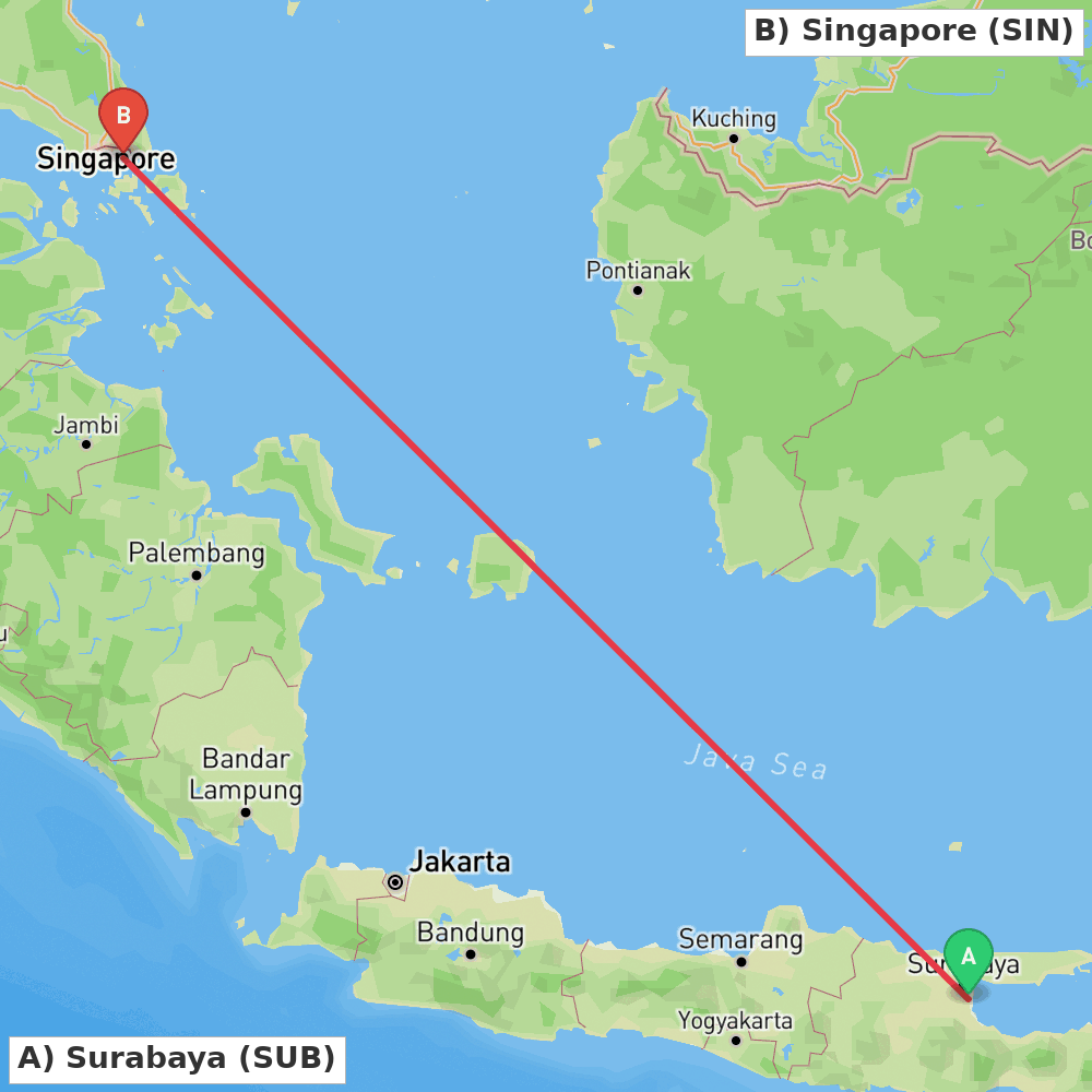 Flight route map from Surabaya to Singapore