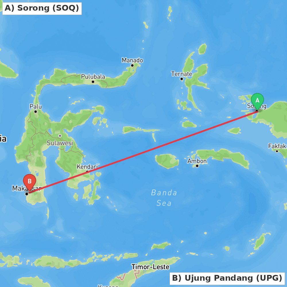 Flight route map from Sorong to Ujung Pandang