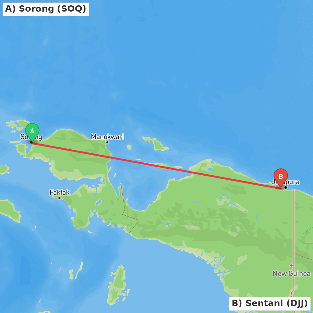 Flight route map from Sorong to Sentani