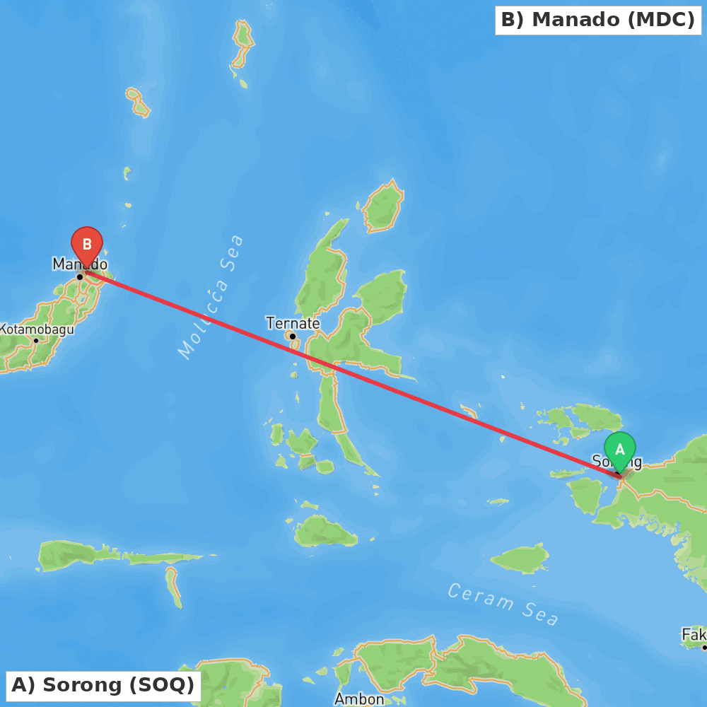 Flight route map from Sorong to Manado