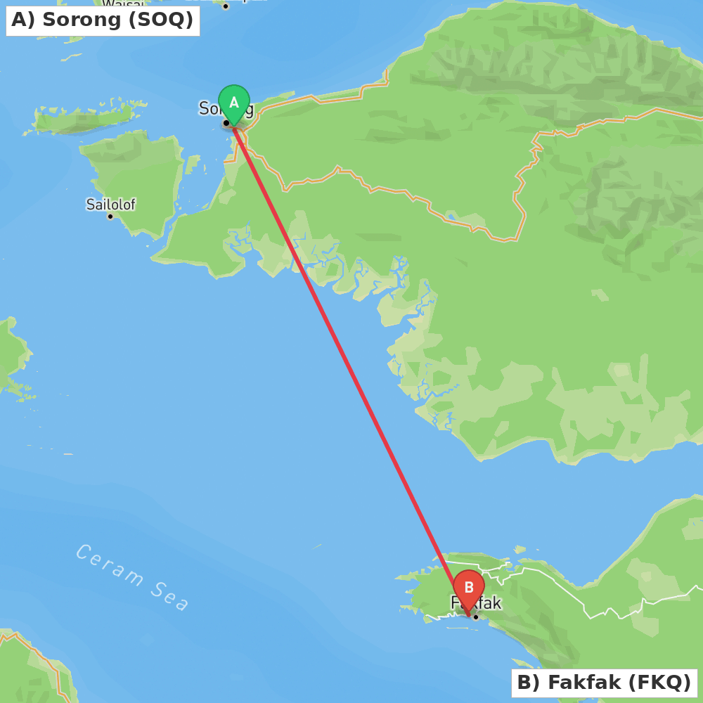 Flight route map from Sorong to Fakfak