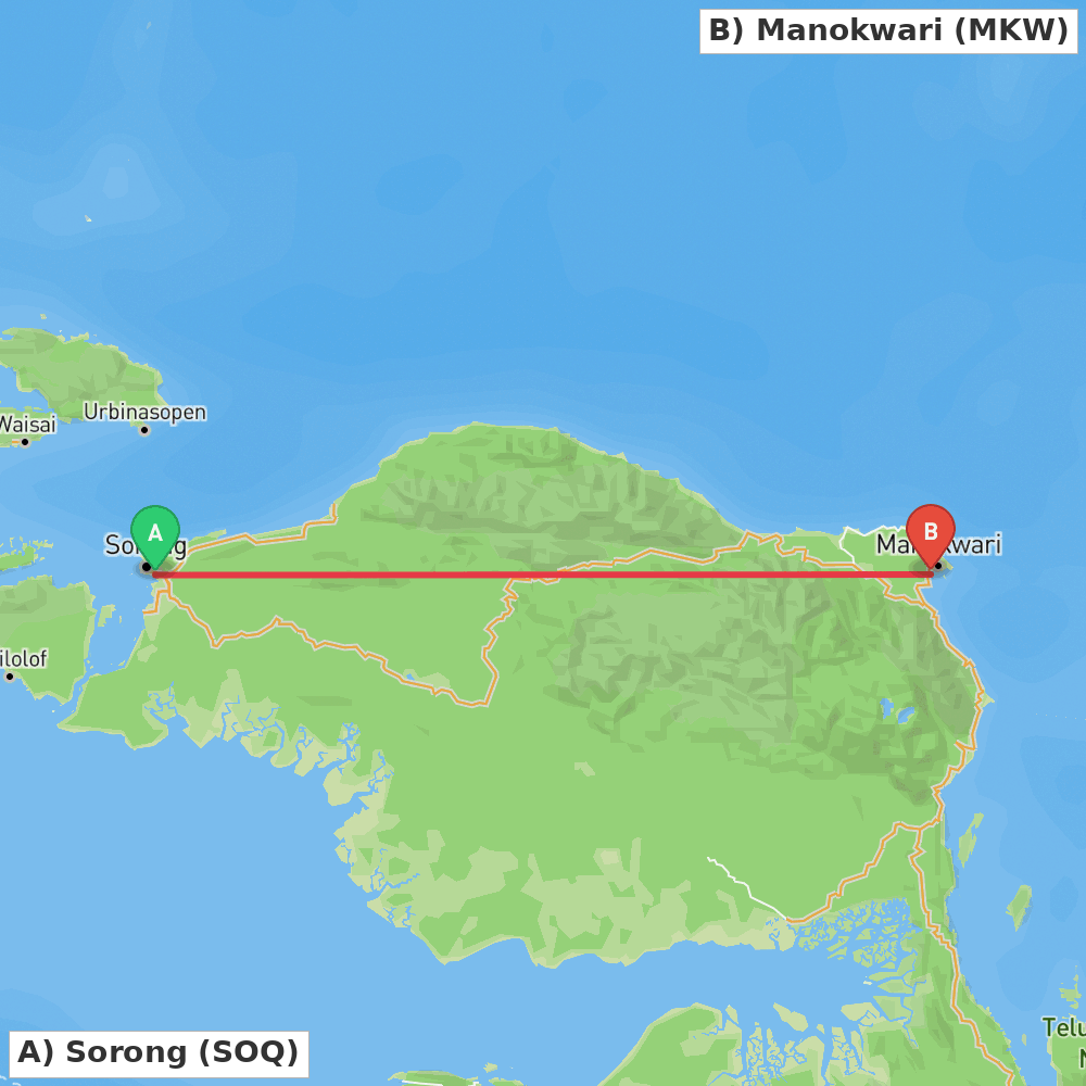 Flight route map from Sorong to Manokwari