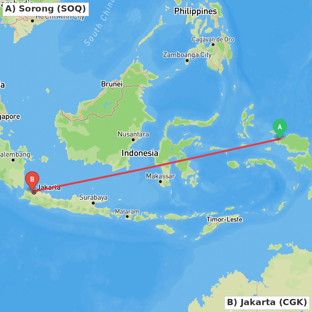 Flight route map from Sorong to Jakarta