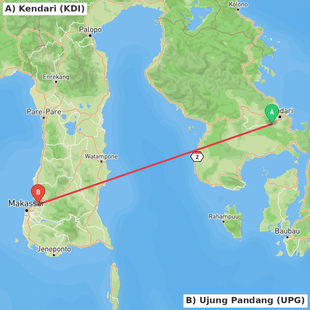 Flight route map from Kendari to Ujung Pandang