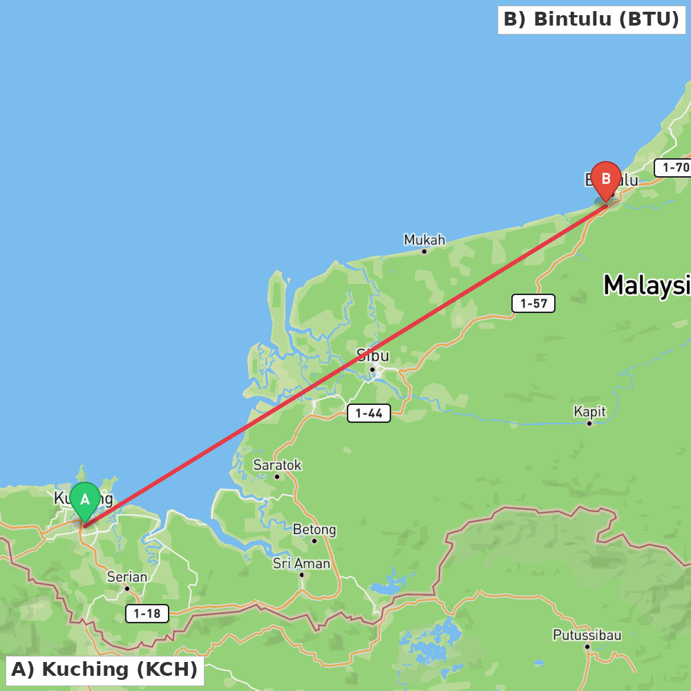 Flight route map from Kuching to Bintulu