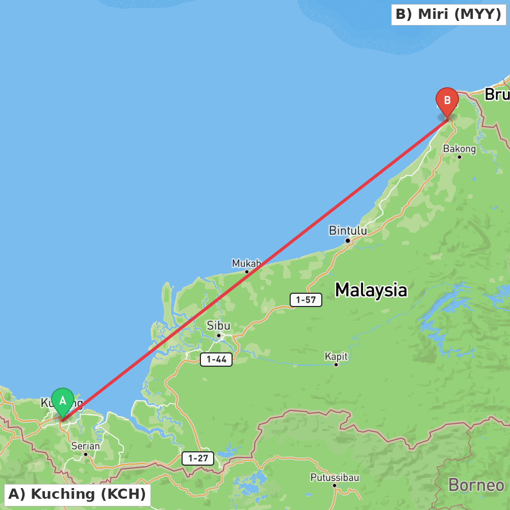 Flight route map from Kuching to Miri