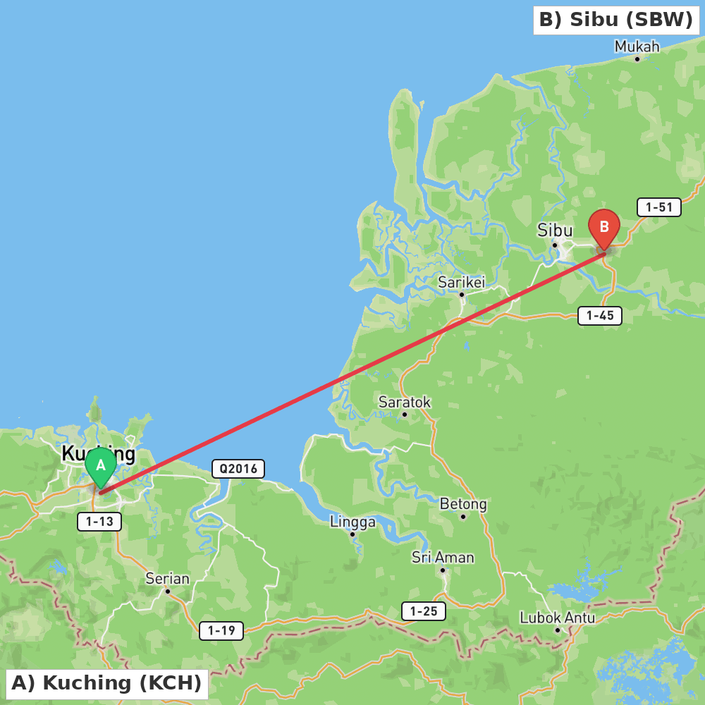 Flight route map from Kuching to Sibu