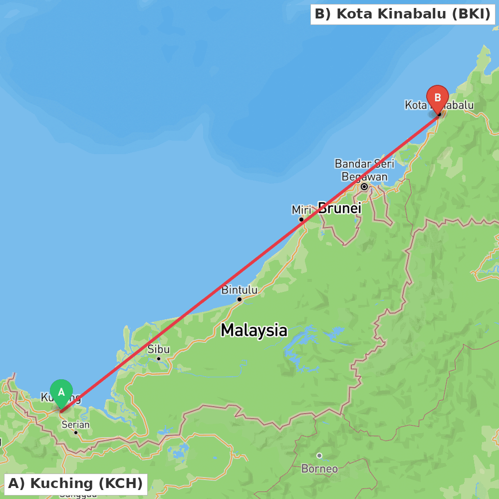 Flight route map from Kuching to Kota Kinabalu
