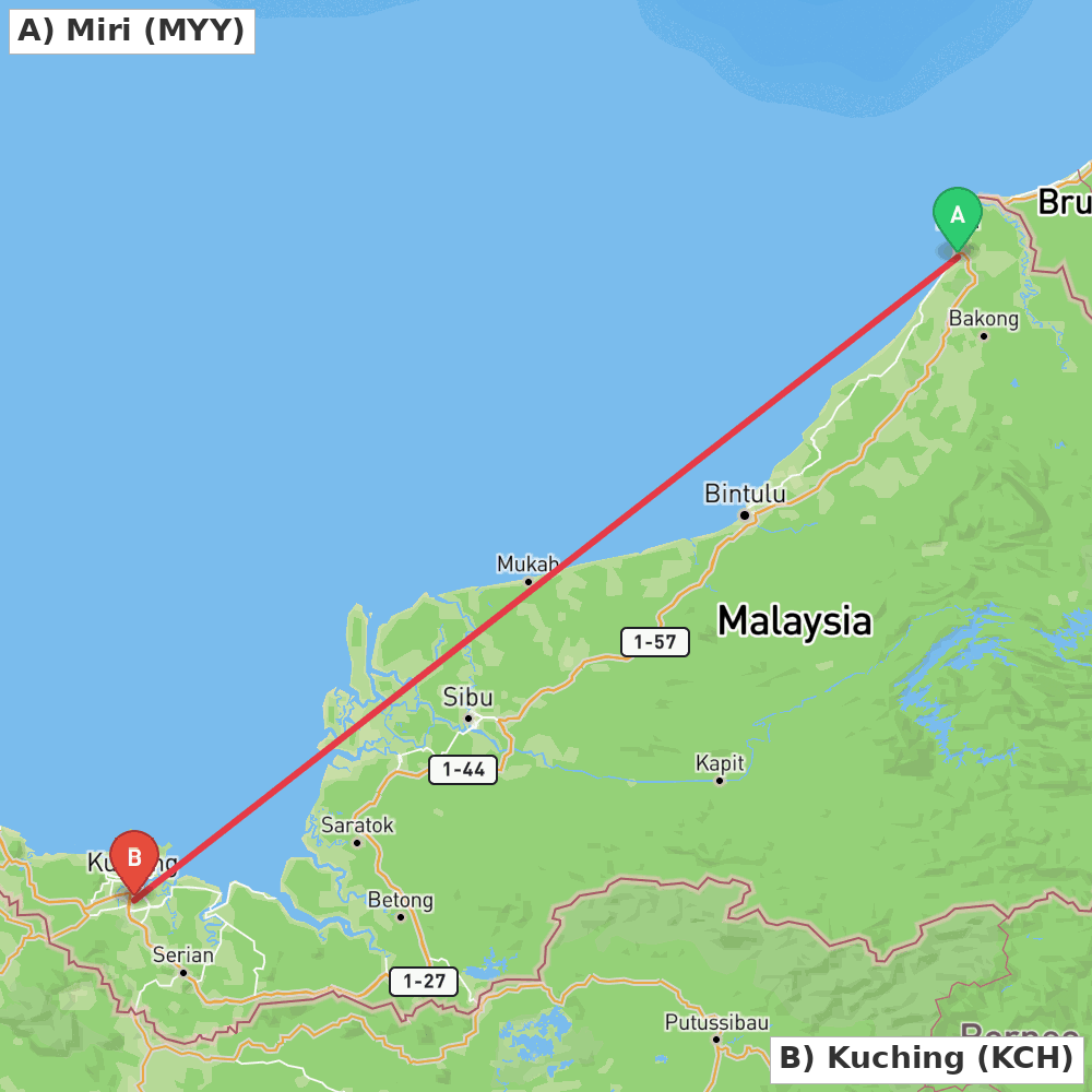 Flight route map from Miri to Kuching