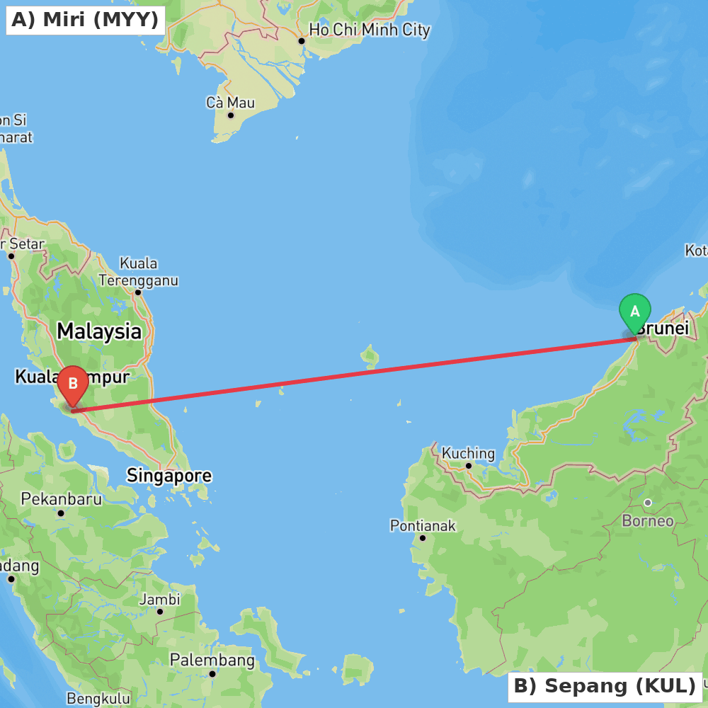 Flight route map from Miri to Sepang