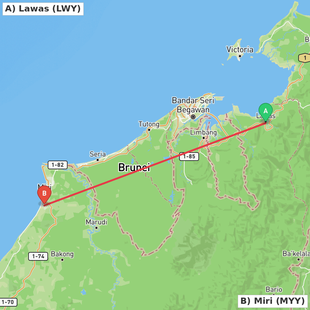 Flight route map from Lawas to Miri
