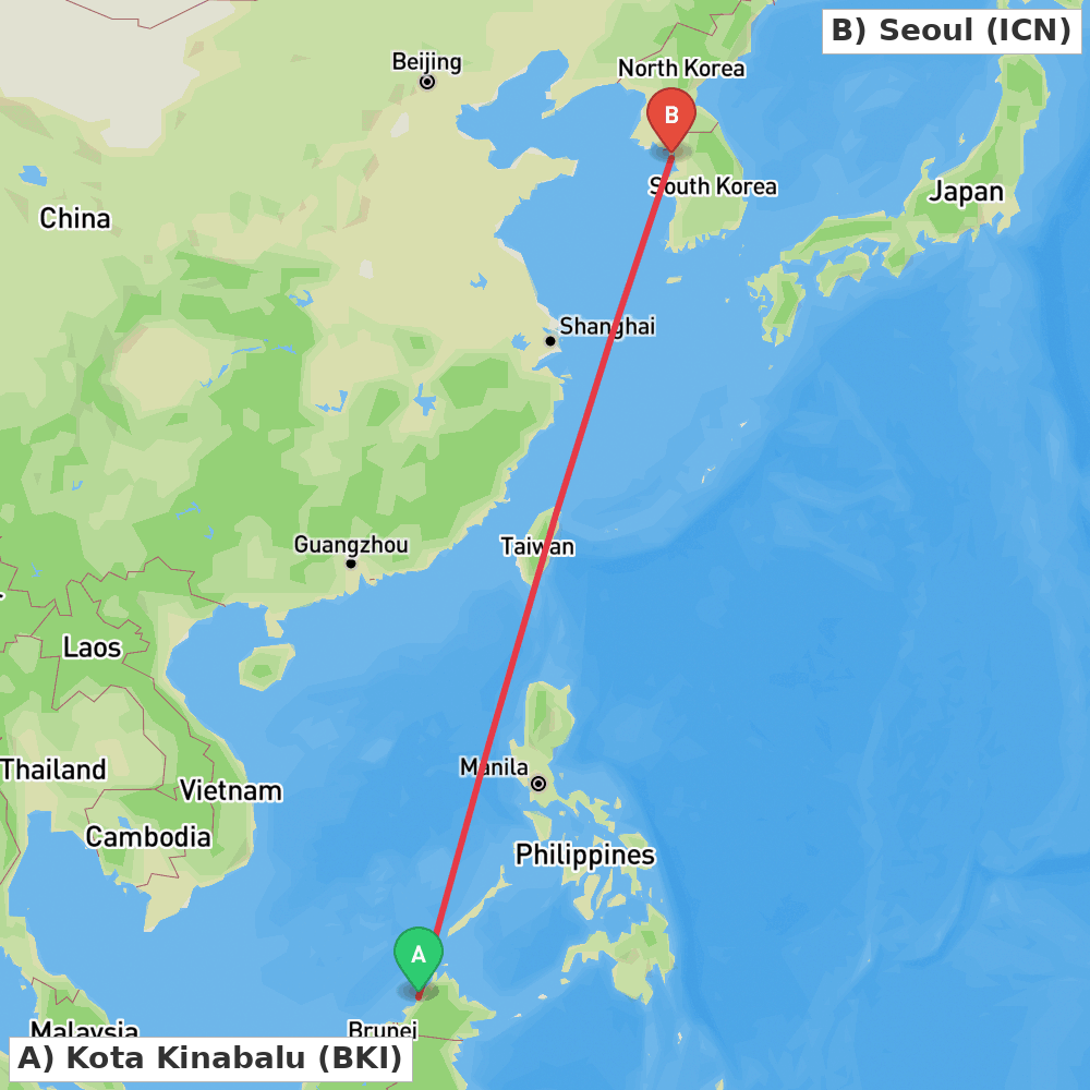 Flight route map from Kota Kinabalu to Seoul