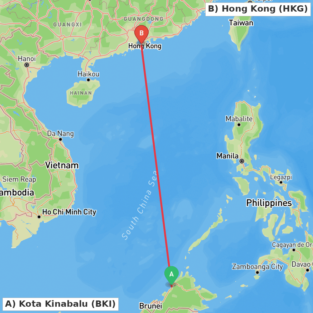 Flight route map from Kota Kinabalu to Hong Kong