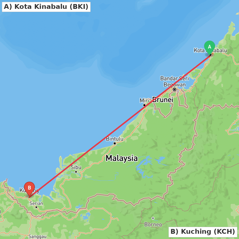 Flight route map from Kota Kinabalu to Kuching