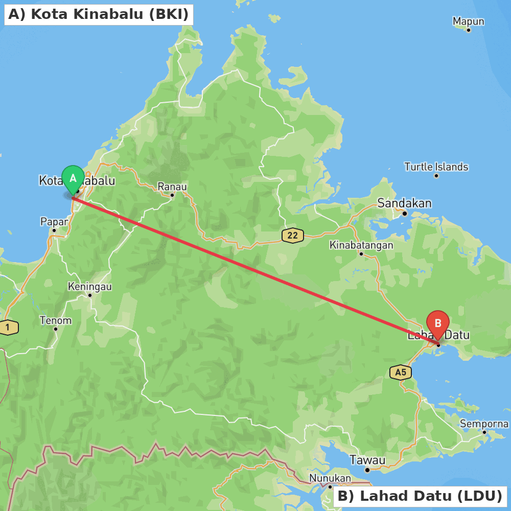 Flight route map from Kota Kinabalu to Lahad Datu