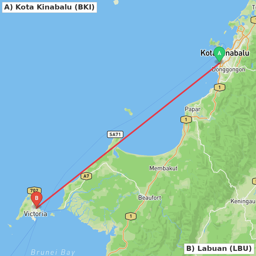 Flight route map from Kota Kinabalu to Labuan