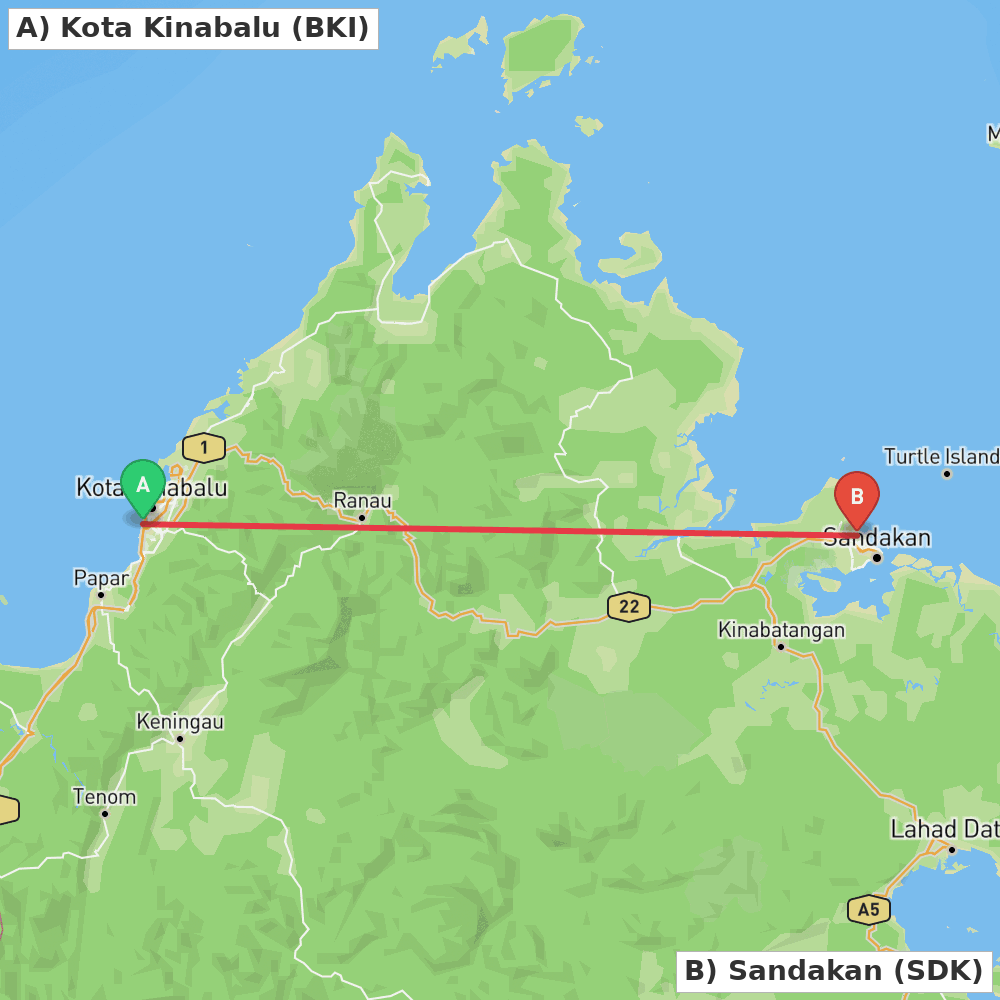 Flight route map from Kota Kinabalu to Sandakan