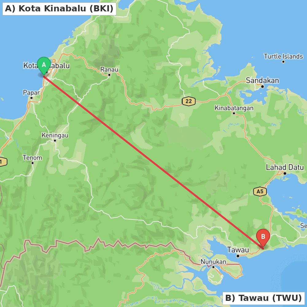 Flight route map from Kota Kinabalu to Tawau