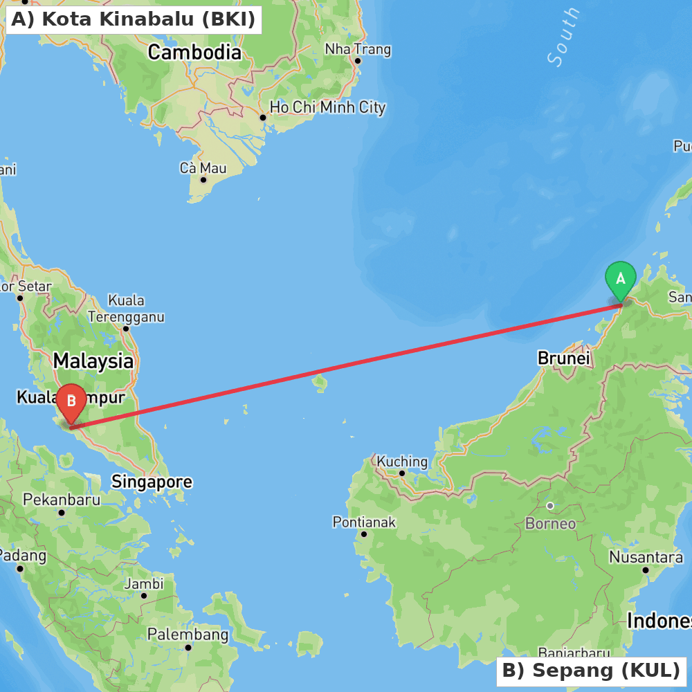 Flight route map from Kota Kinabalu to Sepang