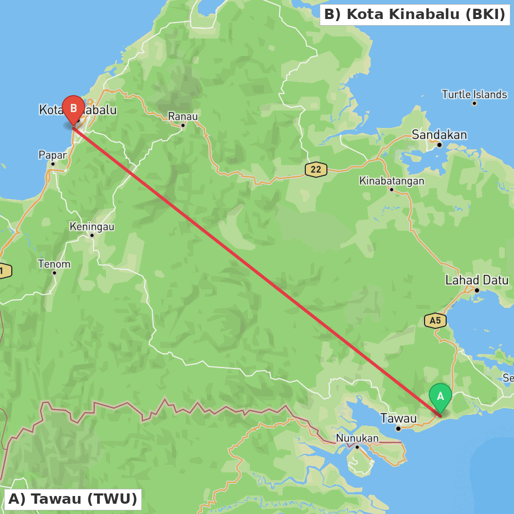 Flight route map from Tawau to Kota Kinabalu