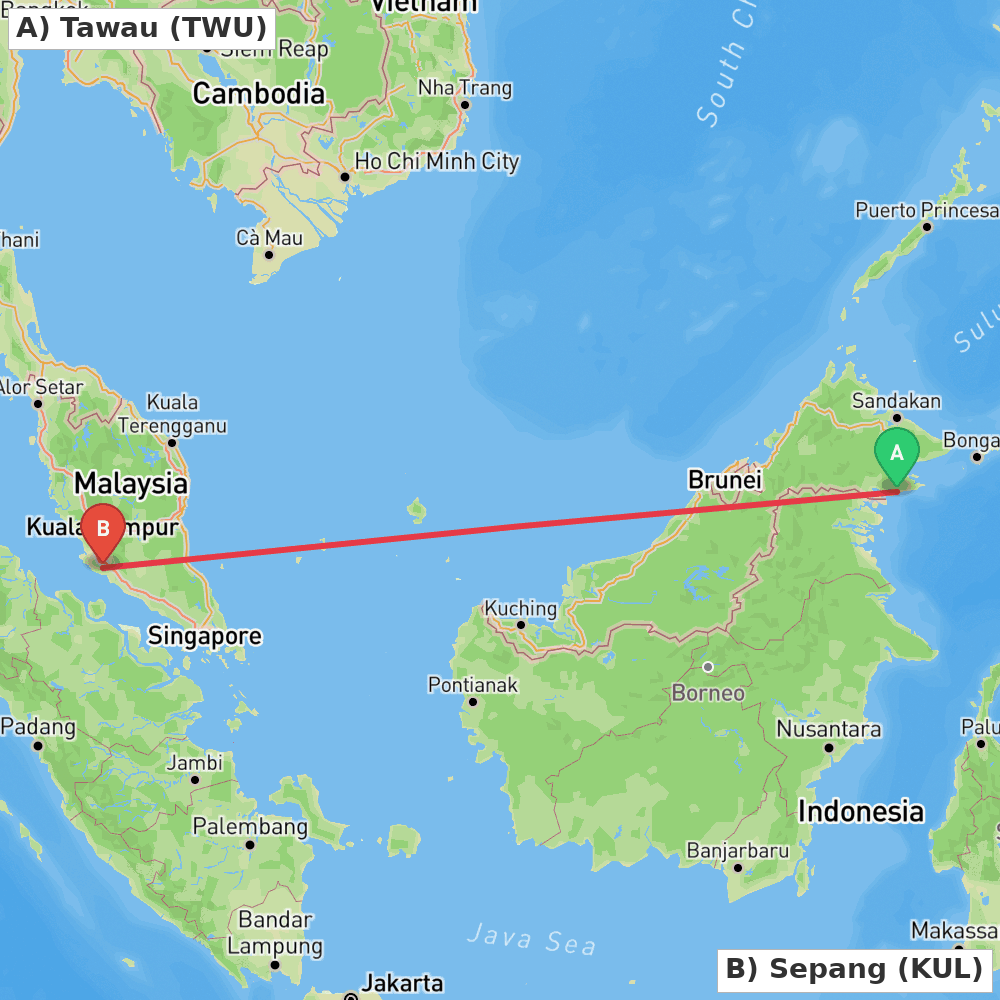 Flight route map from Tawau to Sepang