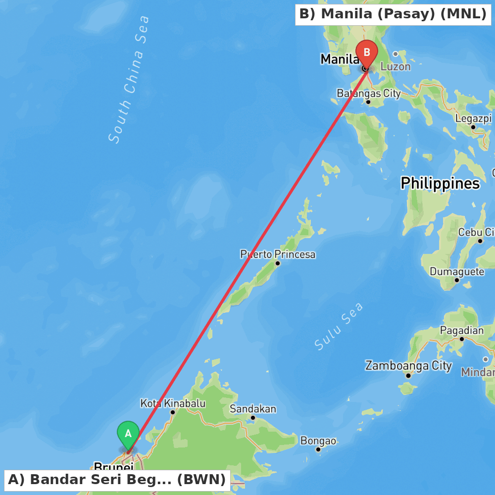 Flight route map from Bandar Seri Begawan to Manila (Pasay)