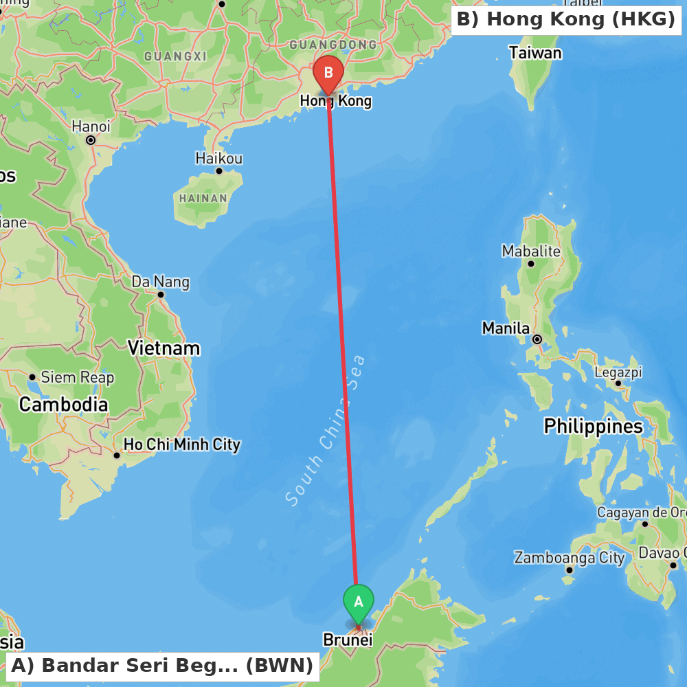 Flight route map from Bandar Seri Begawan to Hong Kong