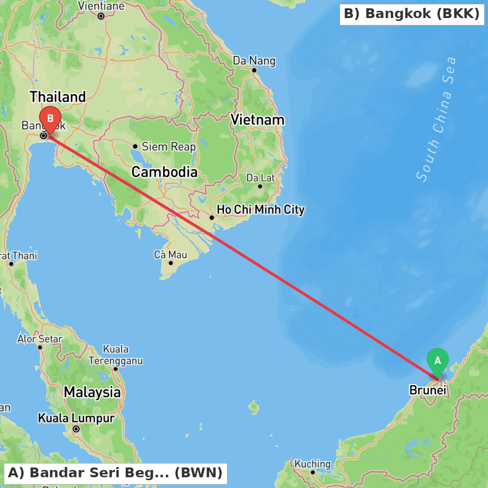 Flight route map from Bandar Seri Begawan to Bangkok