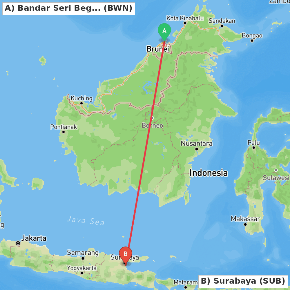 Flight route map from Bandar Seri Begawan to Surabaya
