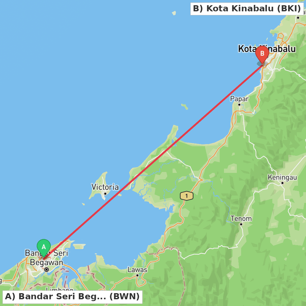 Flight route map from Bandar Seri Begawan to Kota Kinabalu