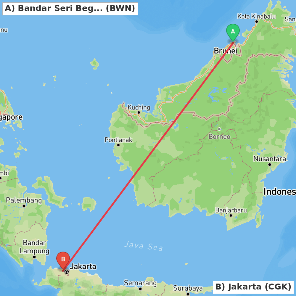 Flight route map from Bandar Seri Begawan to Jakarta