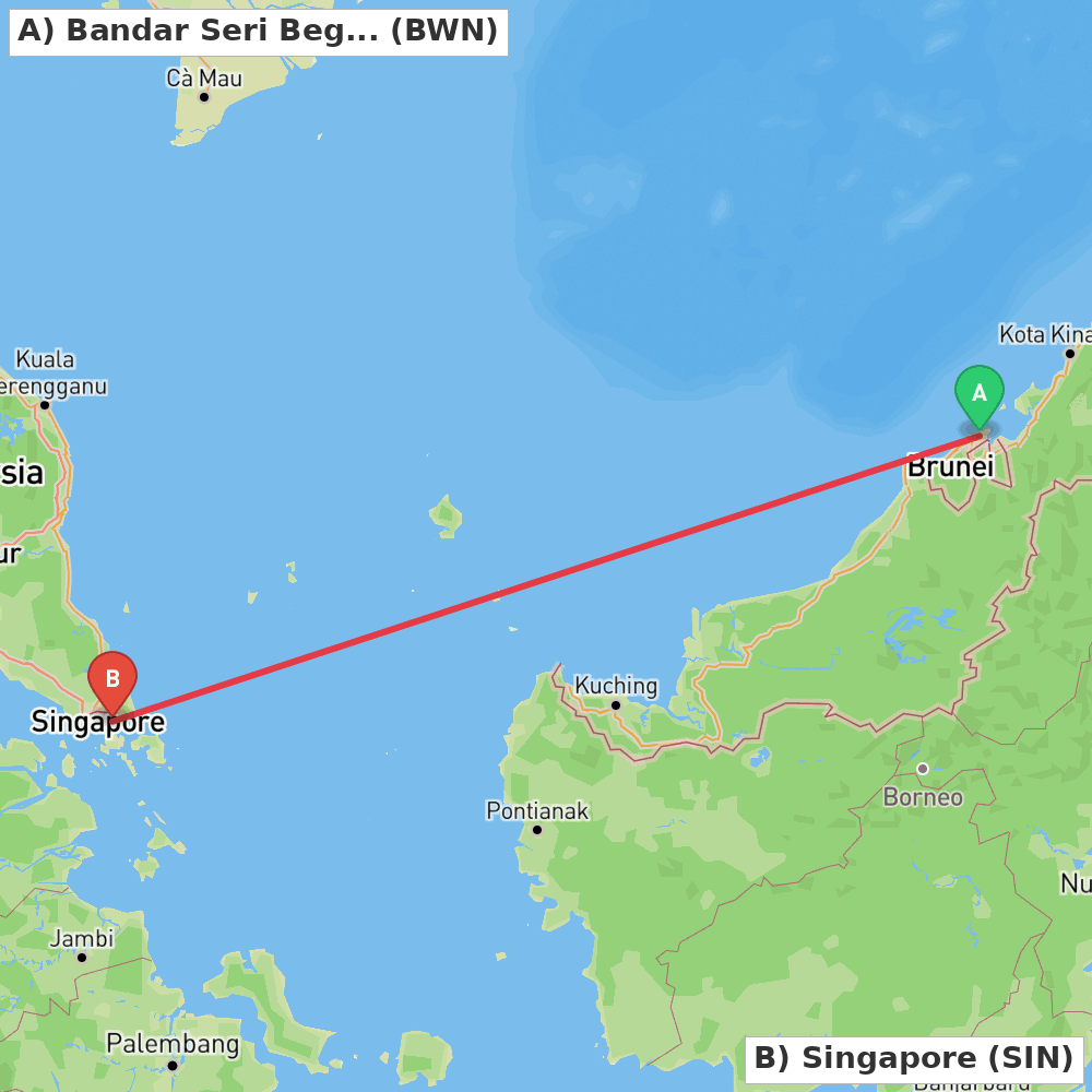 Flight route map from Bandar Seri Begawan to Singapore