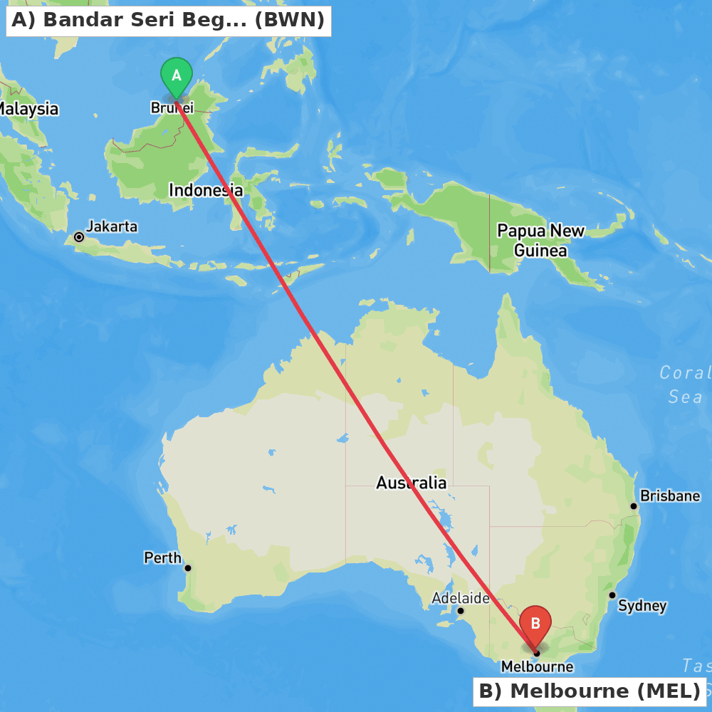 Flight route map from Bandar Seri Begawan to Melbourne