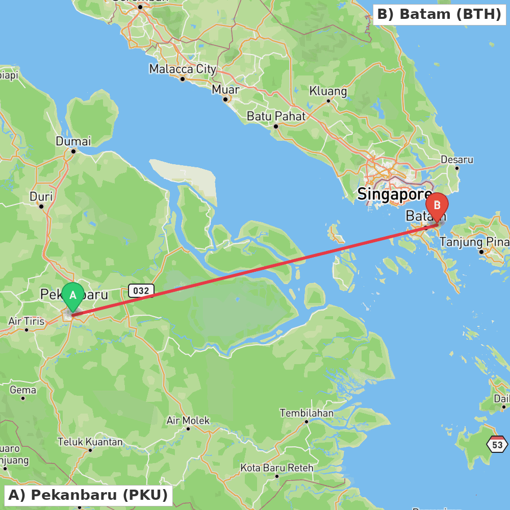 Flight route map from Pekanbaru to Batam