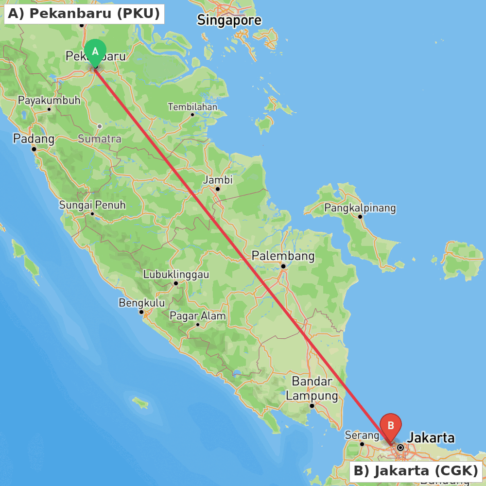 Flight route map from Pekanbaru to Jakarta